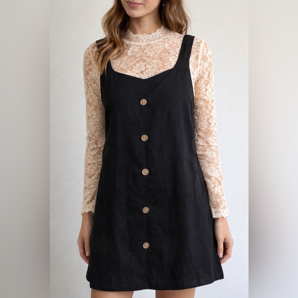 Black Button Front Mini Dress Sleeveless Shift Textured Size L - Picture 2 of 7